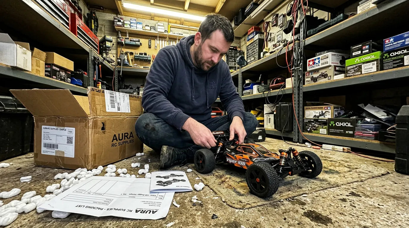 Montage d'un buggy RC sur le sol de l'atelier