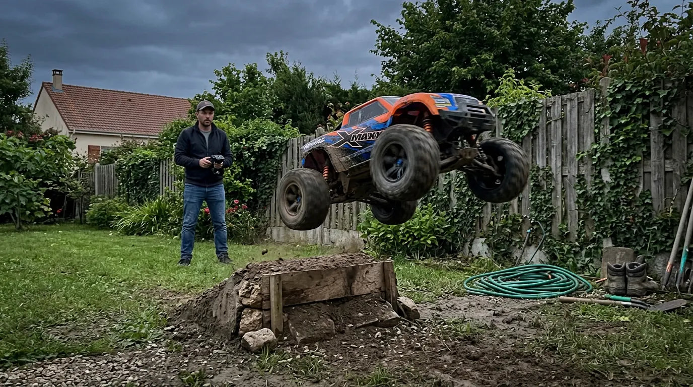 Monster truck RC en saut sur rampe